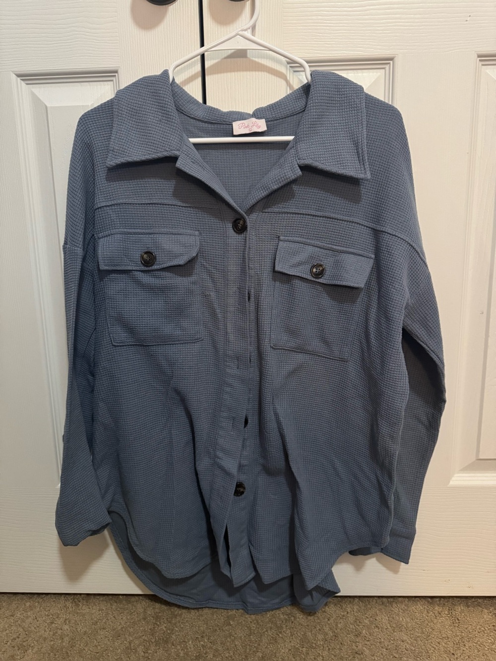 Blue Waffle-Knit Button-Up Shacket - Women